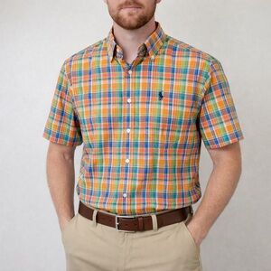 Ralph Lauren Classic Fit Plaid Button Down Shirt Orange Multi L